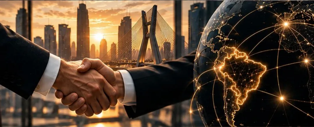 Aperto de mãos com a ponte estaiada e o globo ao fundo