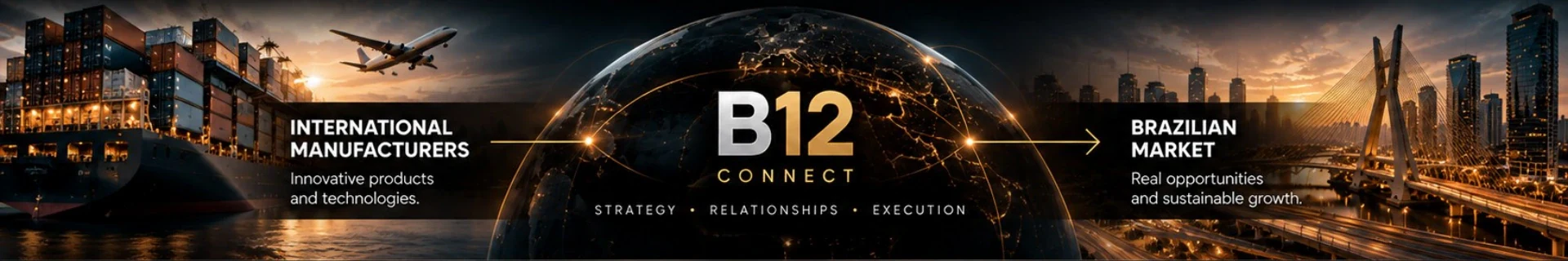 Fabricantes internacionais, B12 Connect (estratégia, relacionamentos, execução) e mercado brasileiro: arte horizontal original