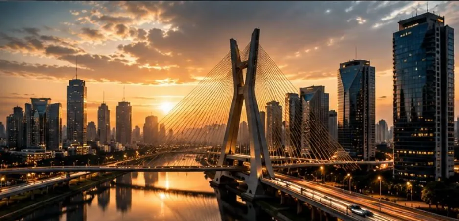 Ponte estaiada e horizonte de São Paulo ao entardecer